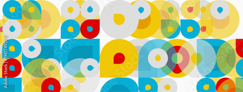 Colorful overlapping circles create vibrant pattern. Geometric shapes repeat, forming abstract background. Bright hues dominate composition.