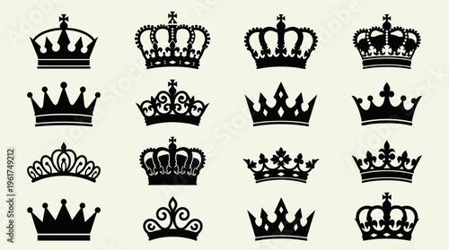 A collection of sixteen black silhouette illustrations of various crown designs, symbolizing royalty, power, and monarchy.