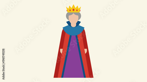 Flat design illustration of a queen wearing a golden crown and a regal red and purple robe, standing against a plain light background.