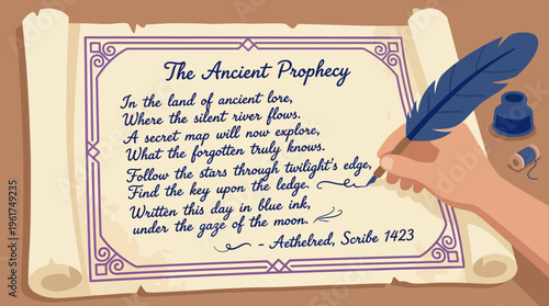 A hand writes an ancient prophecy on a vintage scroll with a feather quill and ink, depicting historical writing and mystery.