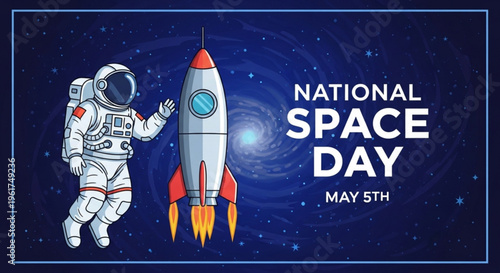Astronaut in space suit floating next to rocket on national space day may 5th in deep blue galaxy background