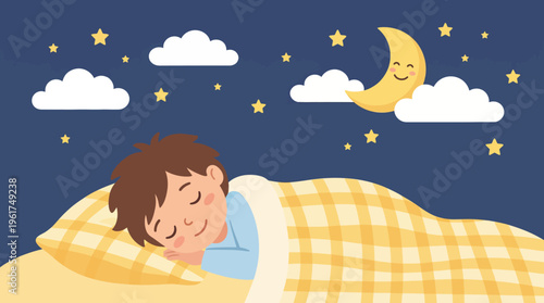 A peaceful cartoon boy sleeping soundly in bed at night under a starry sky with a smiling moon and clouds.