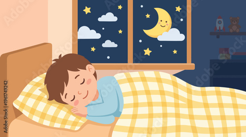 A peaceful young boy sleeping soundly in his bed at night, covered by a yellow plaid blanket, with a crescent moon and stars visible outside the window.