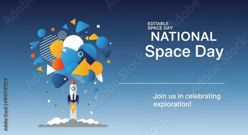 National space day poster with colorful rocket launch and geometric shapes in blue background