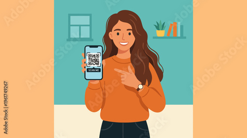 Smiling young woman holding a smartphone displaying a QR code, pointing at the screen, representing digital identification or mobile payment.