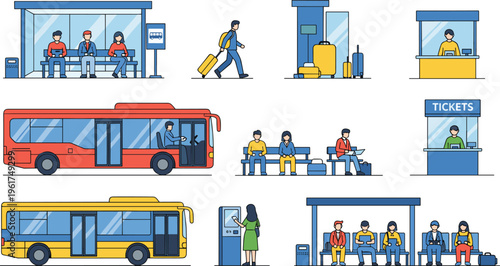 Bus station scenes vector set passengers waiting ticket booth luggage travel public transport urban commute illustration collection design