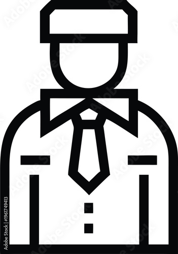 Clean black outline icon depicting a uniformed man wearing a shirt tie and distinct cap
