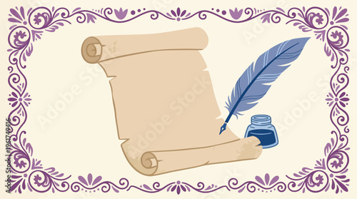 An antique parchment scroll, a blue feather quill pen, and an inkwell with blue ink, all framed by an elegant purple floral border.