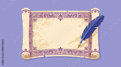 Ornate vintage scroll parchment with decorative borders and a blue feather quill pen on a purple background.