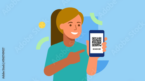 Smiling woman holding a smartphone displaying a QR code, pointing to the screen, on a light blue background with abstract shapes.