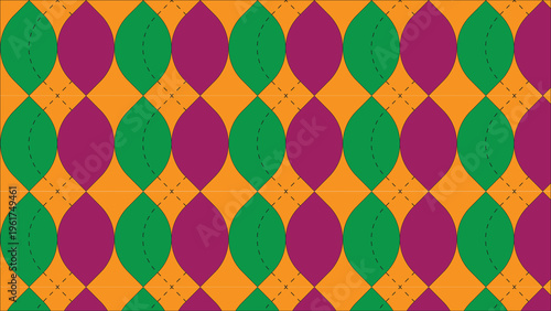 A repeating pattern featuring vertical rows of alternating green and purple ovoid shapes set against an orange background of intersecting diamonds. This abstract design creates a vibrant, rhythmic vis