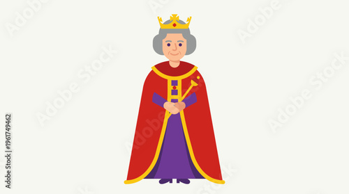 Cartoon illustration of an elderly queen wearing a crown, red cape, and purple dress, holding a golden scepter.