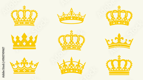 A collection of nine distinct golden crown vector icons, showcasing various royal and regal designs and symbols of monarchy.