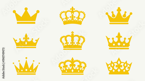 A collection of nine distinct golden crown icons, symbolizing royalty, success, and luxury, presented in a grid layout.