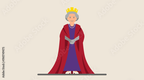 Illustration of an elderly queen wearing a golden crown, a purple dress, and a long red royal robe, standing elegantly.