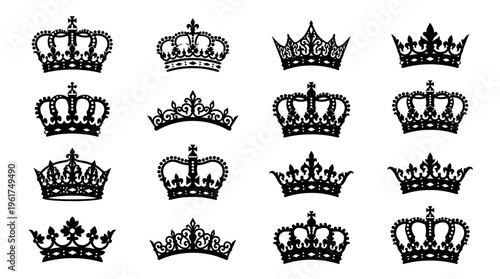 A collection of sixteen diverse black silhouette crown and tiara designs, showcasing various royal and regal headwear styles on a white background.