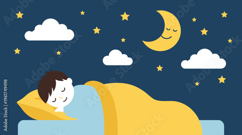 A peaceful cartoon illustration of a young child sleeping soundly in bed under a yellow blanket at night with stars, clouds, and a crescent moon in the dark blue sky.