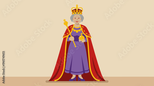 An illustration of an elderly queen wearing a purple gown, a red cape, a golden crown, holding a scepter and an orb.