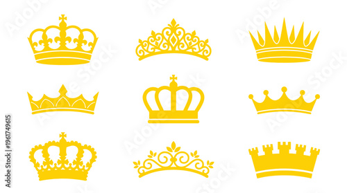 A collection of nine golden crown silhouettes with various intricate designs, symbolizing royalty and luxury.