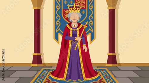 A cartoon illustration of a queen wearing a crown and royal robes, holding a scepter in a grand hall with a coat of arms banner.