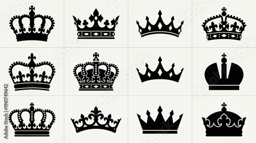 Collection of twelve distinct black silhouette crown designs, showcasing various royal and regal headwear styles.
