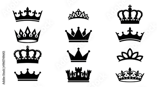 A collection of twelve black silhouette crown and tiara designs on a white background, showcasing various royal headwear styles and symbols of monarchy.