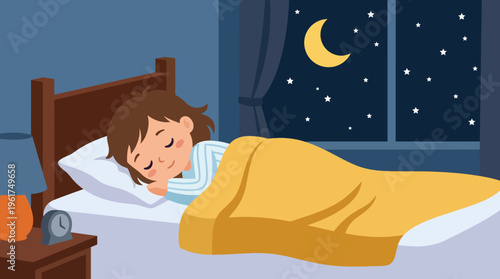 An illustration of a young child peacefully sleeping in a cozy bed at night, with a crescent moon and stars visible through the window.