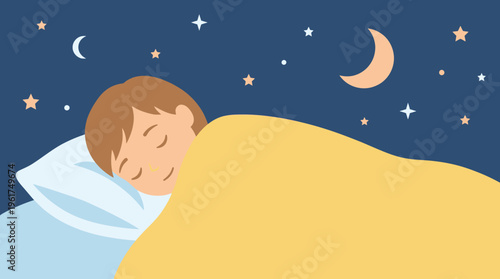 A peaceful illustration of a young child sleeping soundly in bed under a warm yellow blanket with a starry night sky and crescent moon in the background.