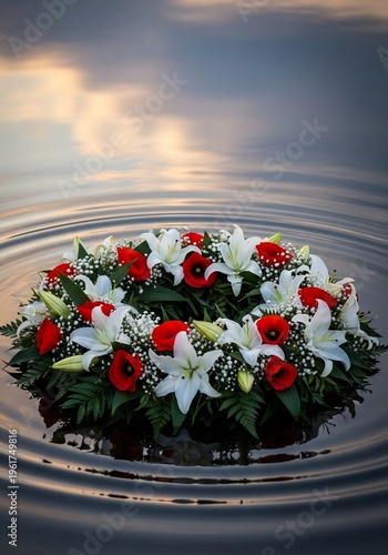 Funeral Floral Wreath Floating on Rippling Water Surface at Sunset Background