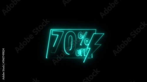 Blue neon 70 percent sale sign with percentage symbol and lightning bolt glowing in dark background for retail discount promotion advertising.