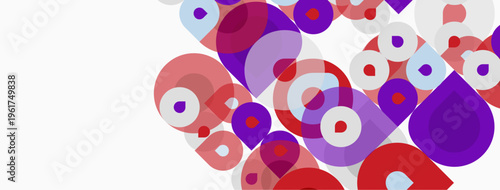 Abstract composition. Circles, squares, rectangles overlap. Red, purple hues dominate white background. Modern design elements present.