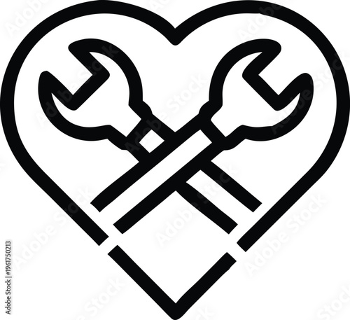 Crossed Wrenches Inside a Heart Symbolizing Mechanical Support and Dedicated Service Solutions