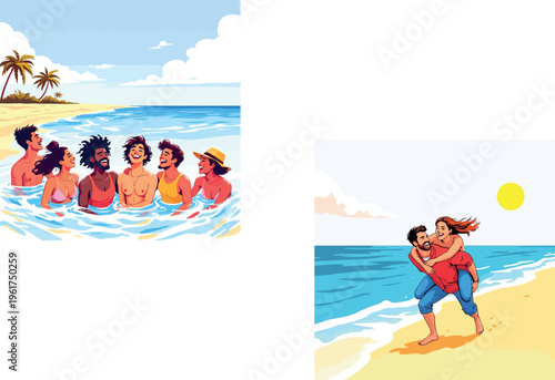 Vsai diverse group of friends enjoying summer ocean vacation