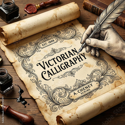 A calligrapher’s hand using a quill to write on a vintage Victorian scroll ribbon banner