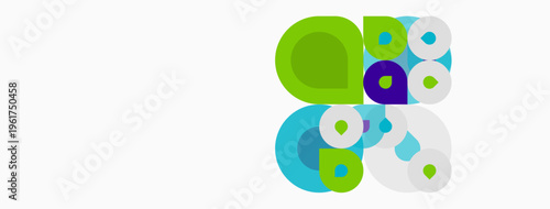 Abstract colorful circles overlap, creating dynamic composition. Bright hues contrast against white background. Modern design element.