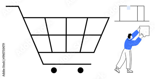 E-commerce concept. E-commerce by a shopping cart and customer managing packages. E-commerce for online shopping, product delivery, digital marketplaces, logistics, retail innovation