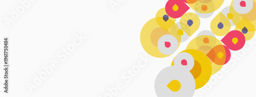 Abstract circles overlap, creating vibrant color patterns. Yellows, oranges, reds dominate white background. Minimalist design.