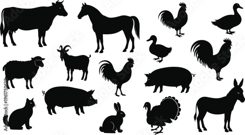 Farm animal silhouettes vector set, livestock collection icons, cow horse pig sheep goat rooster duck turkey rabbit donkey cat black silhouettes illustration