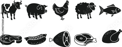 Farm animals and meat products vector set, livestock cow pig chicken sheep fish icons, steak sausage ham poultry food production illustration collection