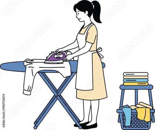 Cartoon vector illustration of person ironing shirt on board with purple iron, household chore concept showing cleanliness, organization, domestic work, and laundry themes.