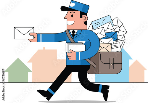 Cartoon vector illustration of cheerful mail carrier delivering letters with satchel in residential neighborhood, postal worker concept for communication, community, service, and logistics themes.