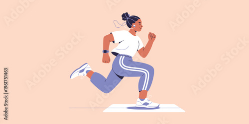 An athletic woman runs confidently with a smile, embracing an active and healthy personal journey