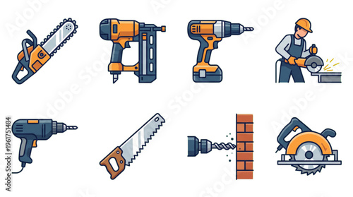 Various Building and Woodworking Tools Icon Set Including Power Drills and Saws