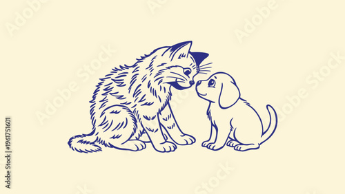 Minimalist Blue Line Art Cat and Dog Illustration - Whimsical Hand Drawn Puppy and Kitten Vector Set