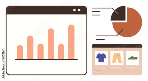 Data analysis, e-commerce trends, marketing, sales performance, business growth, web analytics. Bar graph, pie chart and product display windows. Data analysis and e-commerce trends concepts
