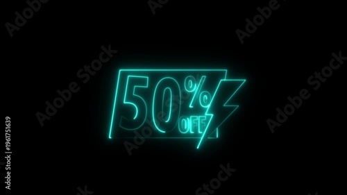 Neon sale sign with percentage discount 50% glowing in dark background for retail marketing advertising promotion.