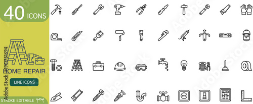 Home repair tool icon line outline vector set construction collection featuring hammer screwdriver wrench drill ladder paint brush helmet faucet pipe, clean editable stroke for web