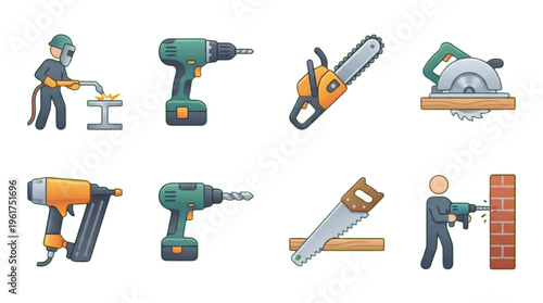 Essential Building and Repair Tools Welding Drills Saws Nail Guns Builder Icons