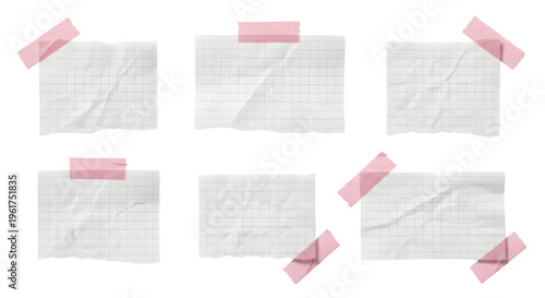 Crumpled paper scraps with pink washi tape, 6 pieces of torn grid paper collection, wrinkled notebook page fragments for scrapbooking and moodboards isolated PNG with Transparent Background