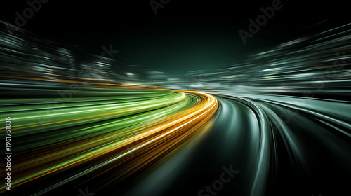 Abstract high speed light trails on curved road at night, dynamic motion and acceleration concept, futuristic transportation and energy flow background